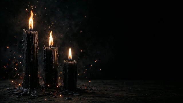 Black candles with flickering flames in darkness with copy space