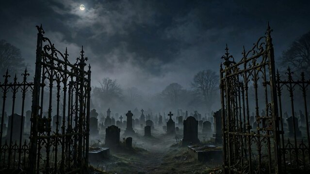 Creepy cemetery gates with foggy graveyard and moonlit copy space