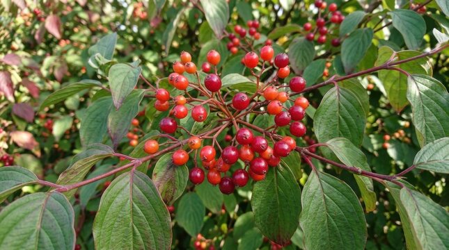 Red berries of cornus sanguinea ripen on leafy bush branch