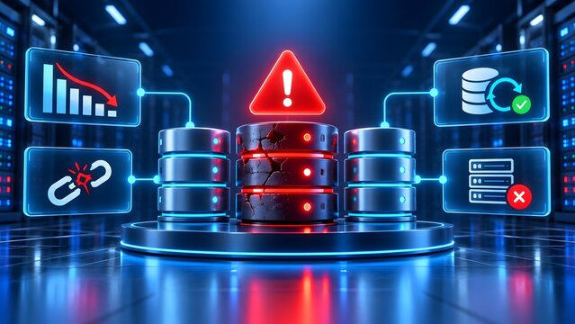Conceptual Illustration of a Critical Database Server Failure and Data Corruption Alert in a Futuristic High-Tech Data Center Environment Featuring Warning Icons and System Error Indicators