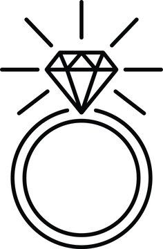 Shining diamond engagement ring line icon with light rays proposal marriage jewelry vector illustration isolated on white background