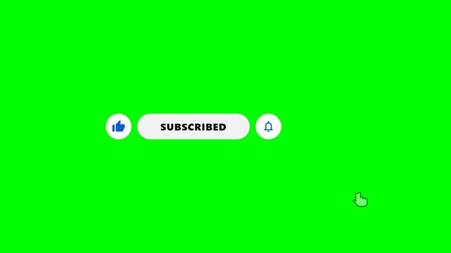 Complete interactive YouTube button bar animation on green screen with sequential cursor clicks on Like, Subscribe, and Bell. The bell continuously swings until the outro slide-out without extra wave 