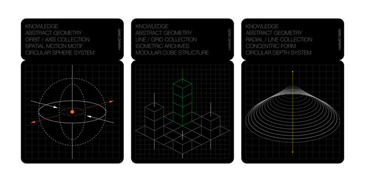 abstract geometry poster set with orbital sphere, isometric cube grid and concentric radial lines, technical diagram graphics on black background, 3D line circle square structure layout graph minimal