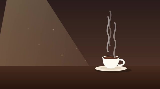 A hot cup of coffee with rising steam on a dark table under a spotlight in a cozy room