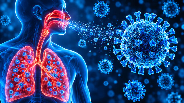 A medical illustration shows a human body model with infected red lungs and respiratory tract, expelling or interacting with blue coronavirus cells floating nearby. 