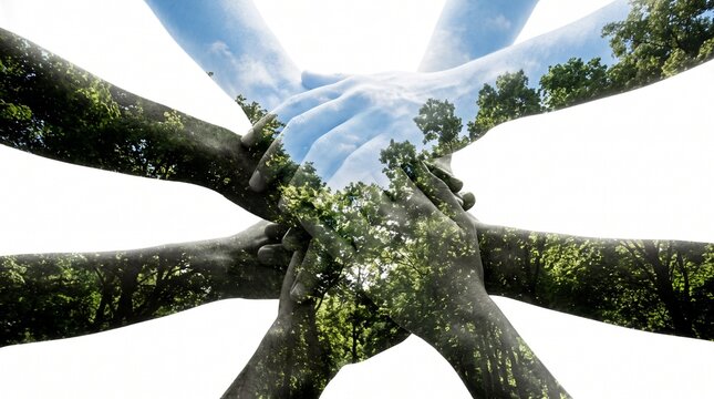 Hands stacked together in unity featuring double exposure forest and sky