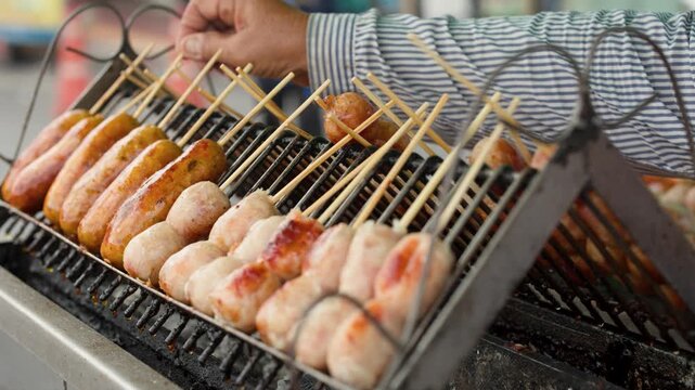 Thai Pork Sausages Grilling on Charcoal Street Food Stall