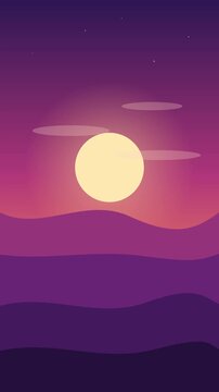 Big bright yellow sun rising over purple layered hills in a peaceful and clear night sky background