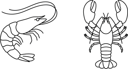 Fototapeta premium Minimalist seafood menu vector illustrations featuring clean black line art outlines of a single fresh shrimp and a whole lobster isolated on white