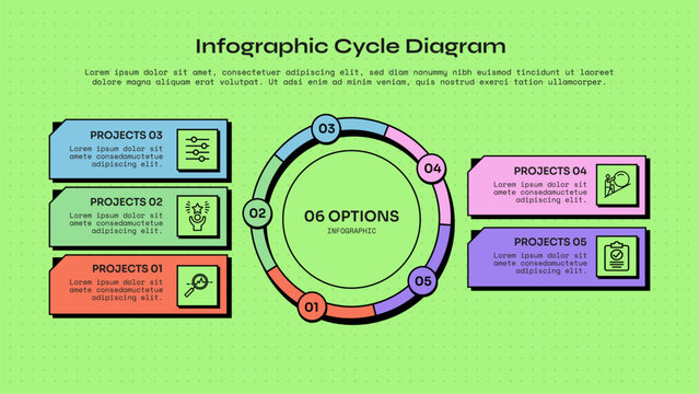 cycle infographic template with five point segmented ring arc circle number badge cut corner card layout, neobrutalism flat style