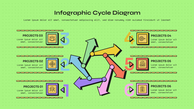 cycle infographic template with six point radial pinwheel arrow joint square tile big number layout, neobrutalism flat style