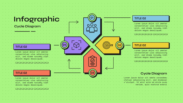 cycle infographic template with four point pentagon shield cross elbow arrow circle number badge layout, neobrutalism flat style