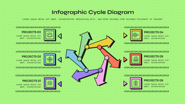 cycle infographic template with six point radial pinwheel arrow joint square icon tile layout, neobrutalism flat style