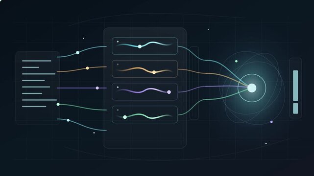 Abstract data flow visualization with glowing lines and nodes on a dark digital technology background