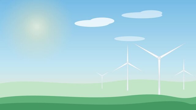 White wind turbines standing on a green grass field under a bright blue sky with a shining sun