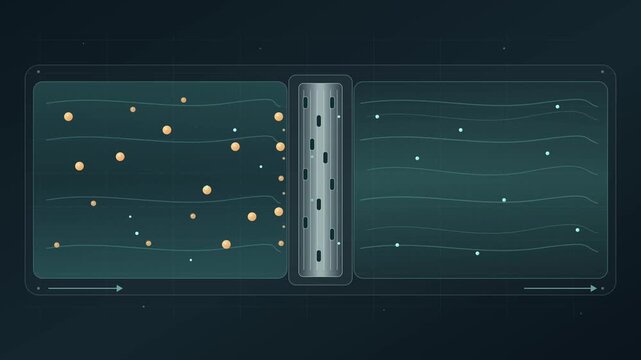 Digital scientific diagram showing particle filtration process through a high tech membrane filter