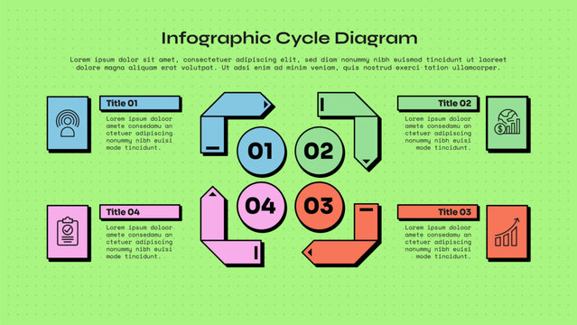 cycle infographic template with four point bent folded arrow circle number badge square tile layout, neobrutalism flat style