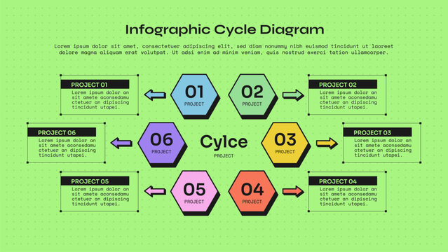 cycle infographic template with six point hexagon honeycomb number outward arrow frame box layout, neobrutalism flat style