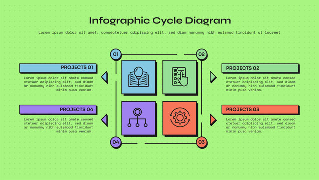 cycle infographic template with four point square tile grid line frame corner circle number layout, neobrutalism flat style