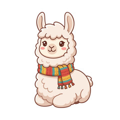 Fototapeta premium Cute fluffy llama wearing a colorful winter scarf 