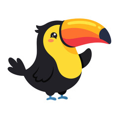 Fototapeta premium Cute cartoon toucan character with a large colorful beak waving hello in a playful and friendly vector illustration design