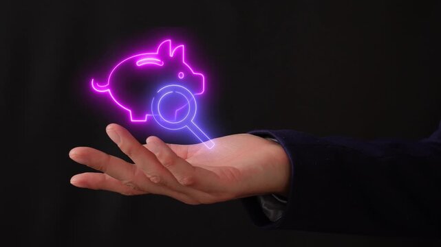 Glowing piggy bank and magnifying glass float above palm
