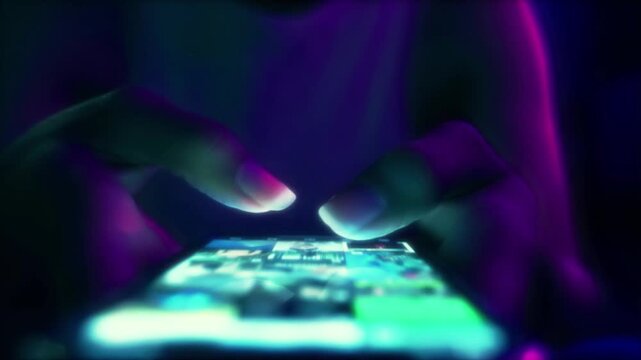 Close up of hands typing and scrolling on a smartphone application screen in dark room with blue and purple neon lights.