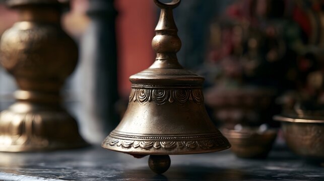 A close up of an ornate brass bell with intricate floral patterns  resting on a dark surface with blurred cultural artifacts in the background