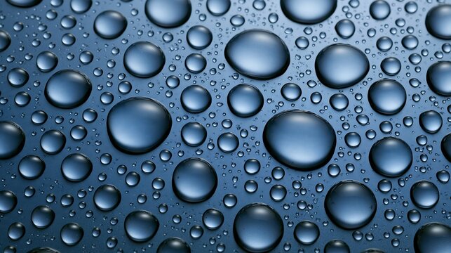 Close-up of clear water droplets on a smooth, dark blue surface, creating a pattern of spherical liquid beads with soft highlights and shadows