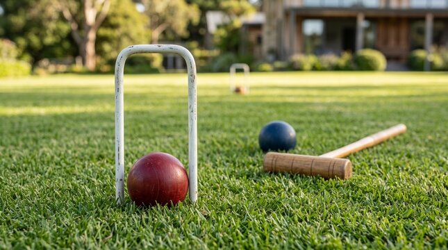 Red croquet ball passing through a white wicket hoop on a green garden lawn during an outdoor game