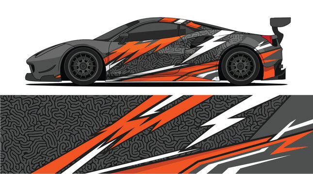 Car Wrap Design with Aggressive Racing with Dynamic Black Orange Lightning Decal