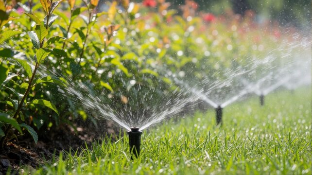 A close-up view of an automatic sprinkler watering a lush green lawn on a sunny day in the garden.