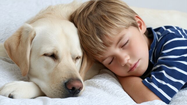 A close-up shot of a young boy and his loyal dog sleeping peacefully together on a white blanket.