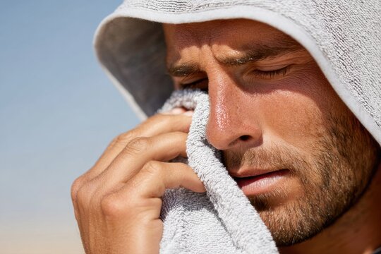 A man with a tanned, sweaty face wipes perspiration away using a light grey towel after a workout.