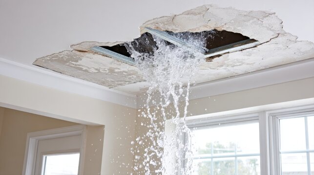 Water pouring from a broken ceiling in a residential home due to a major pipe or roof leak issue.