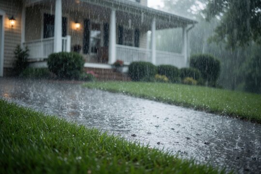 A heavy rainstorm pours over a residential house, blurring the view and flooding the driveway.