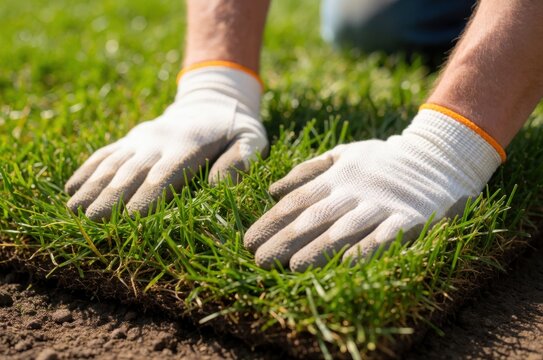 A close-up view of a person wearing work gloves, carefully laying down fresh green sod on dirt.