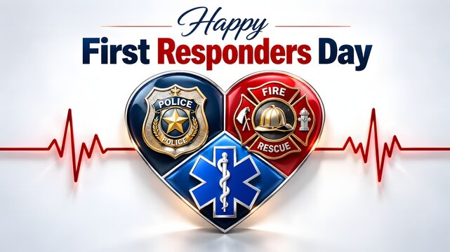 Happy first responders day greeting card with police fire and medical rescue symbols in a heart shape design