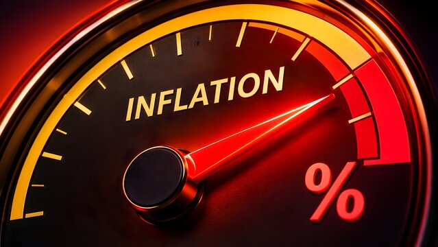 High inflation rate concept shown by a glowing red gauge needle reaching maximum percentage for economic warning