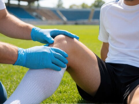 A medic with blue gloves examines a soccer player's injured knee on a grassy field at a stadium.