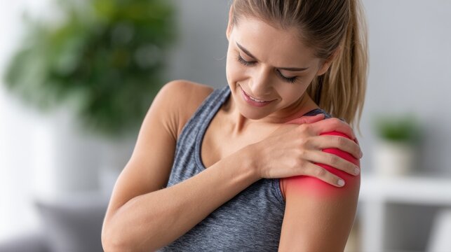A fit woman in athletic wear touching her shoulder which is highlighted in red to show pain.