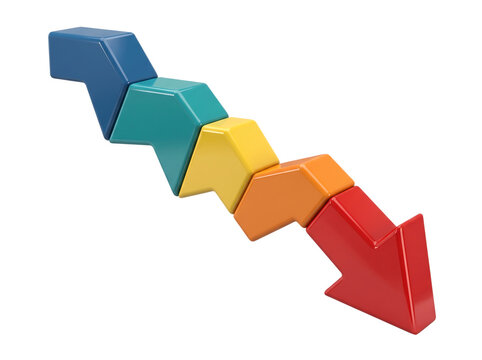 3D segmented arrow pointing down representing financial loss and negative business trend