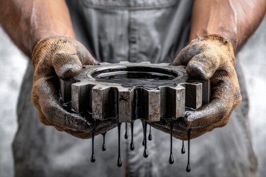 A close-up of a worker in dirty gloves holding a metallic gear dripping with thick, dark engine oil.