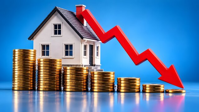 Real Estate Market Crash Concept with Falling Red Arrow and Decreasing Coin Stacks Representing Housing Downturn