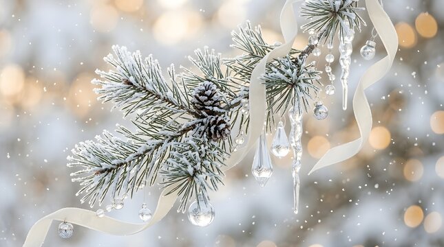 Frost Covered Pine Branch Decorated with Ribbon and Crystal Ornaments for Elegant Winter Holiday Seasonal Background Decor