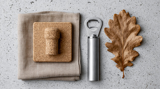 Metal bottle opener with cork stopper and dry autumn leaf arranged neatly on white background