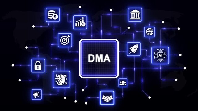 Digital markets act dma regulatory compliance concept with glowing neon representing financial growth, artificial intelligence, global connectivity, and secure data privacy in a modern tech network