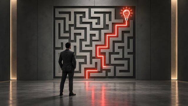 Visionary businessman in a professional suit standing before a large wall maze with a glowing red path leading to a bright light bulb symbol, representing strategic problem solving and innovation.