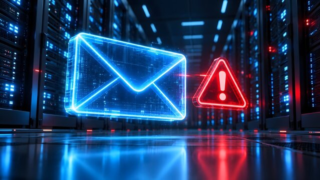 Cybersecurity Concept with Glowing Blue Digital Email Hologram and Red Warning Icon in Dark Server Room Data Center for Phishing Alert Spam Protection and Network Information Security Concept