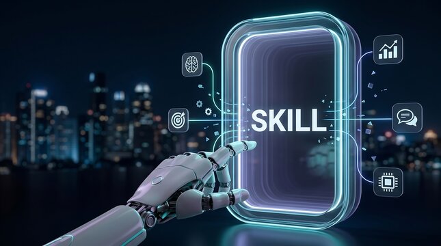 Robotic hand touching glowing digital interface with word skill displayed as concept of artificial intelligence advancement and machine learning capability in futuristic urban environment